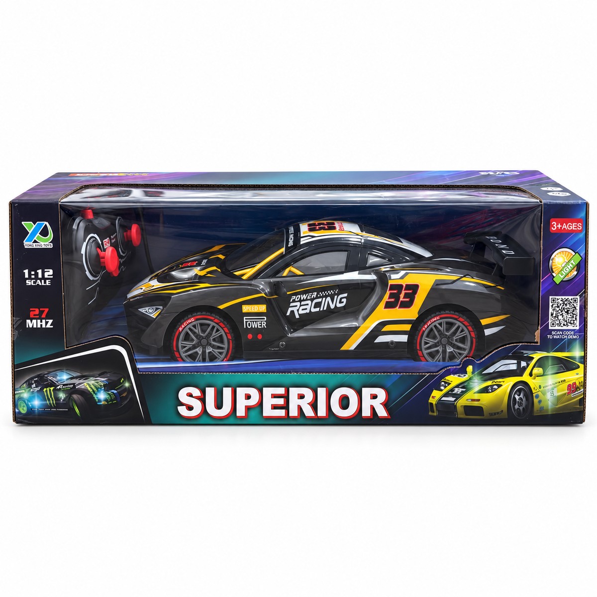 Voiture de course radiocommandée Superior 1:12 noire et jaune avec télécommande pistolet, dès 3 ans