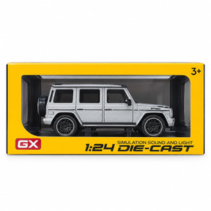 SUV tout-terrain die-cast 1:24 argent à son et lumière dans sa boîte jaune, dès 3 ans