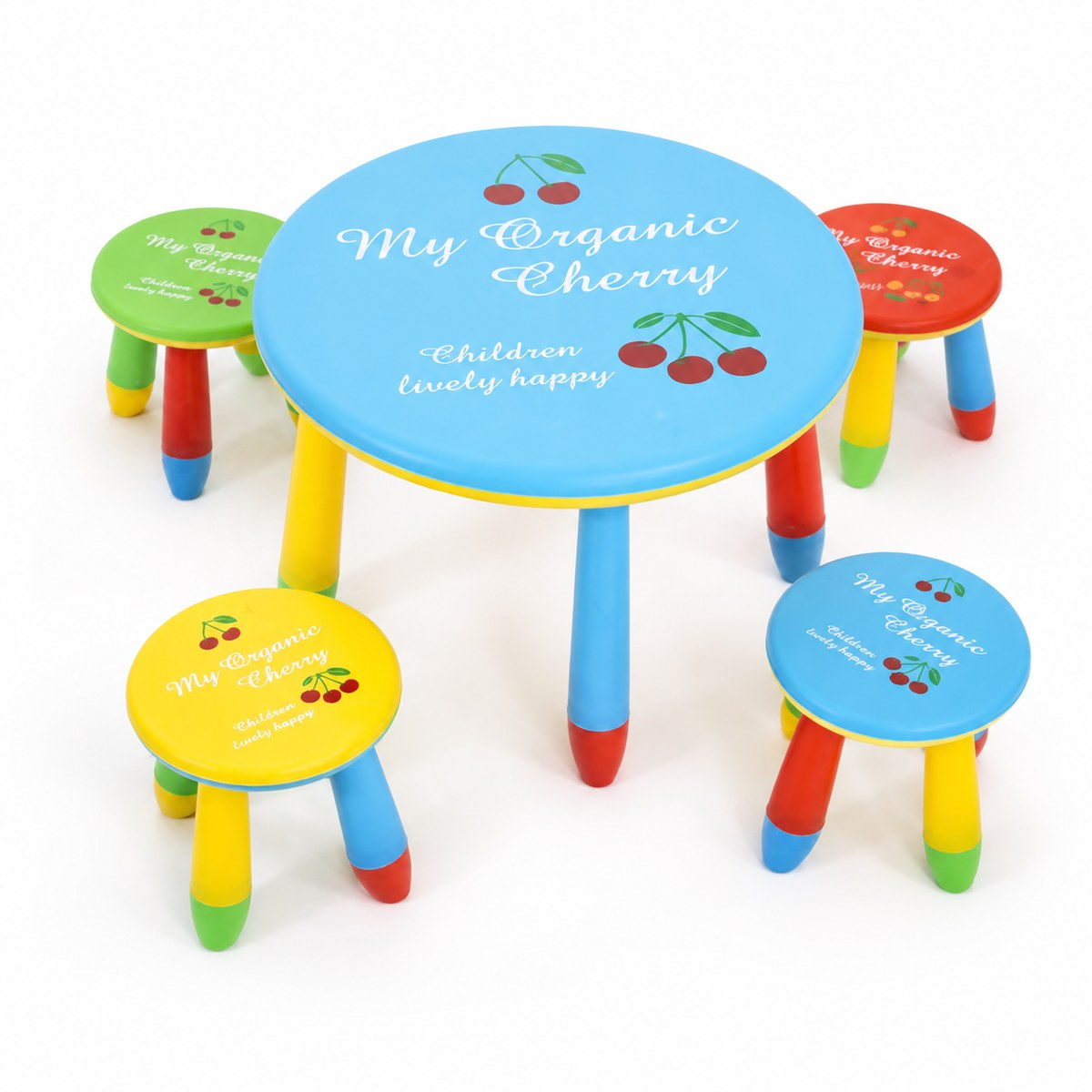Table ronde enfant bleue avec 4 tabourets colorés My Organic Cherry