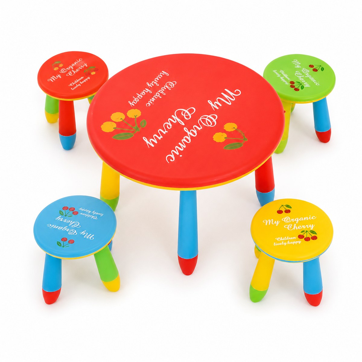Table ronde enfant rouge avec 4 tabourets colorés My Organic Cherry