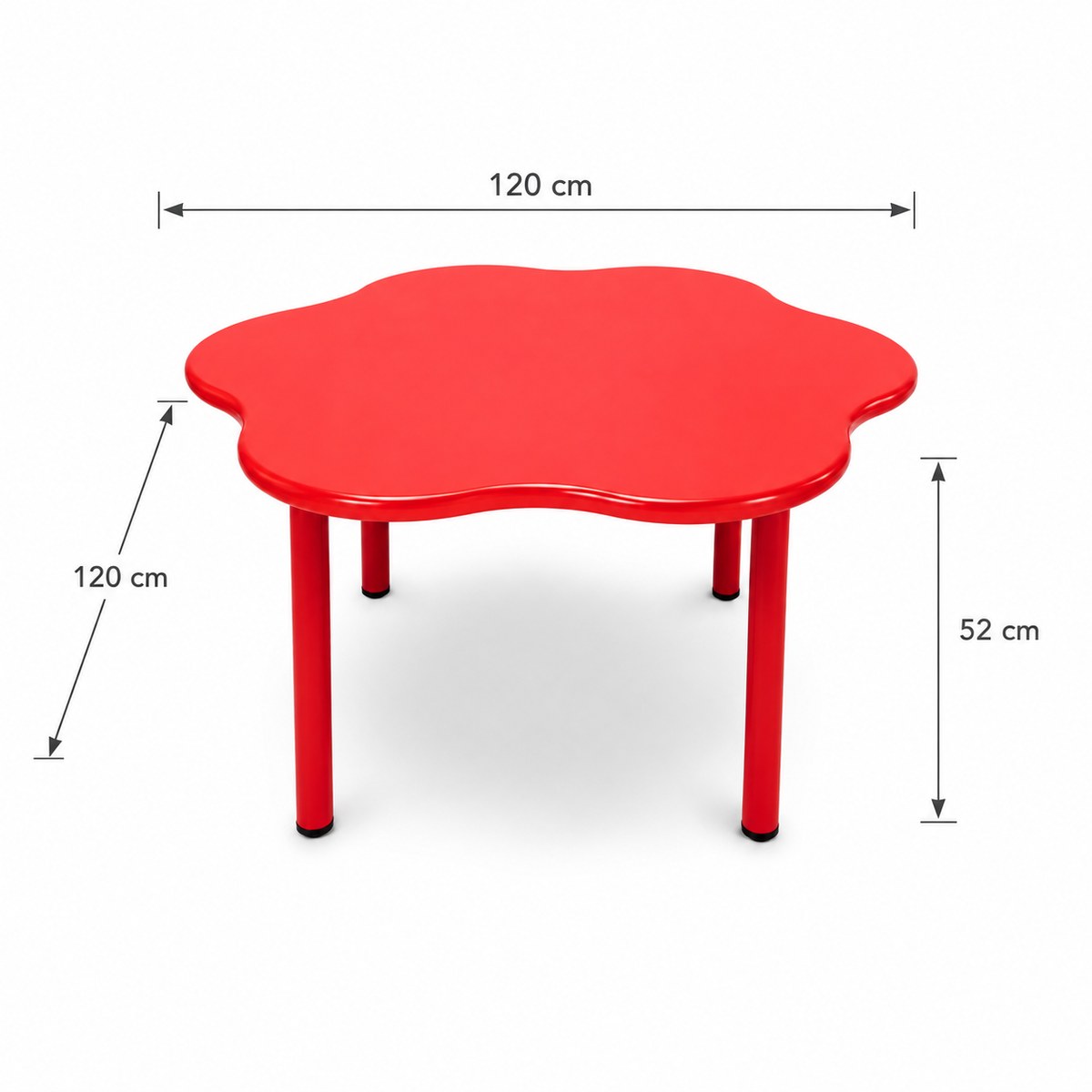 Dimensions de la table fleur enfant : 120 cm x 120 cm de plateau et 52 cm de hauteur