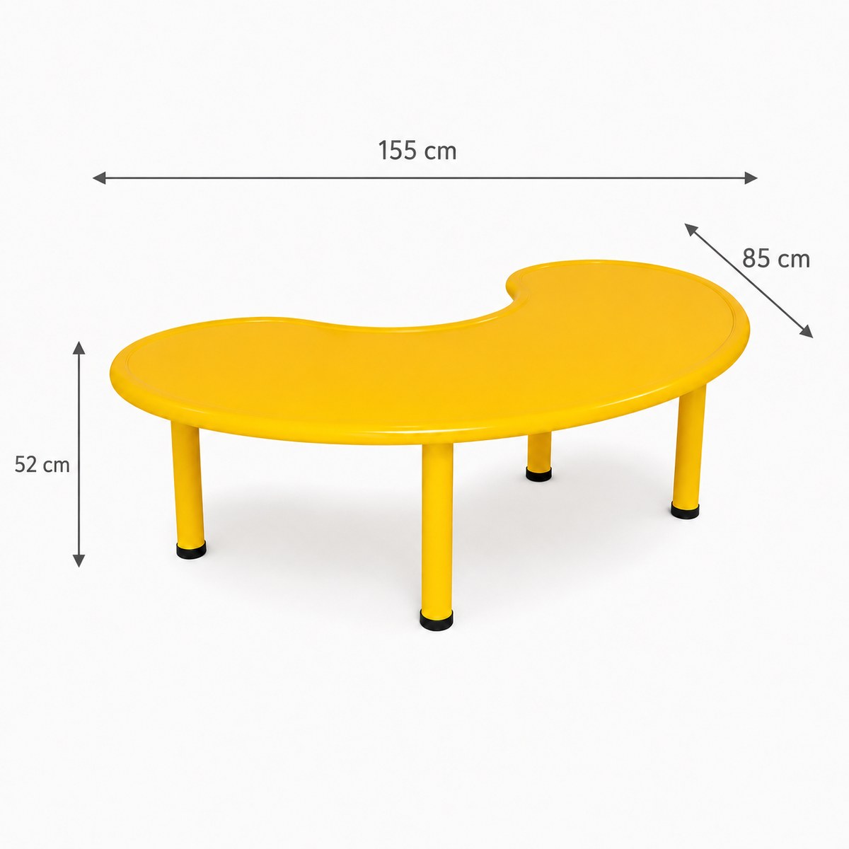 Dimensions de la table haricot enfant : 155 cm de long, 85 cm de profondeur et 52 cm de hauteur