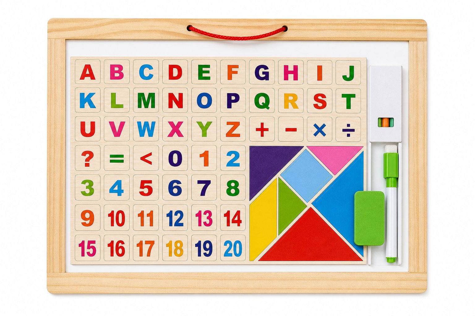 Tableau en bois avec alphabet, chiffres, signes mathématiques, tangram 7 pièces, feutre et brosse