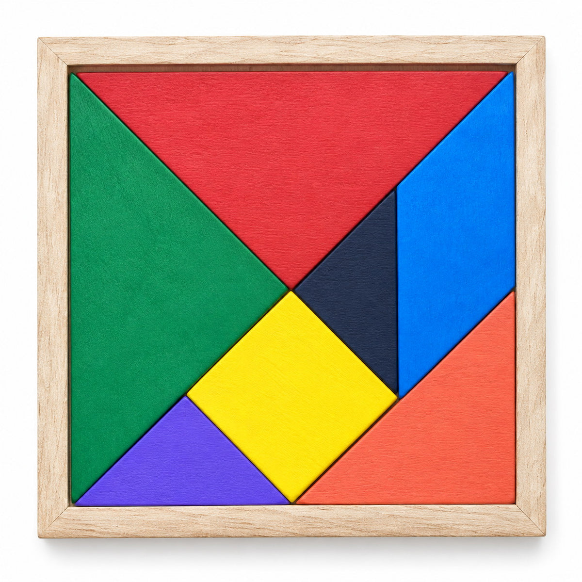 Tangram en bois 7 pièces colorées — triangles, carré et parallélogramme dans leur cadre carré