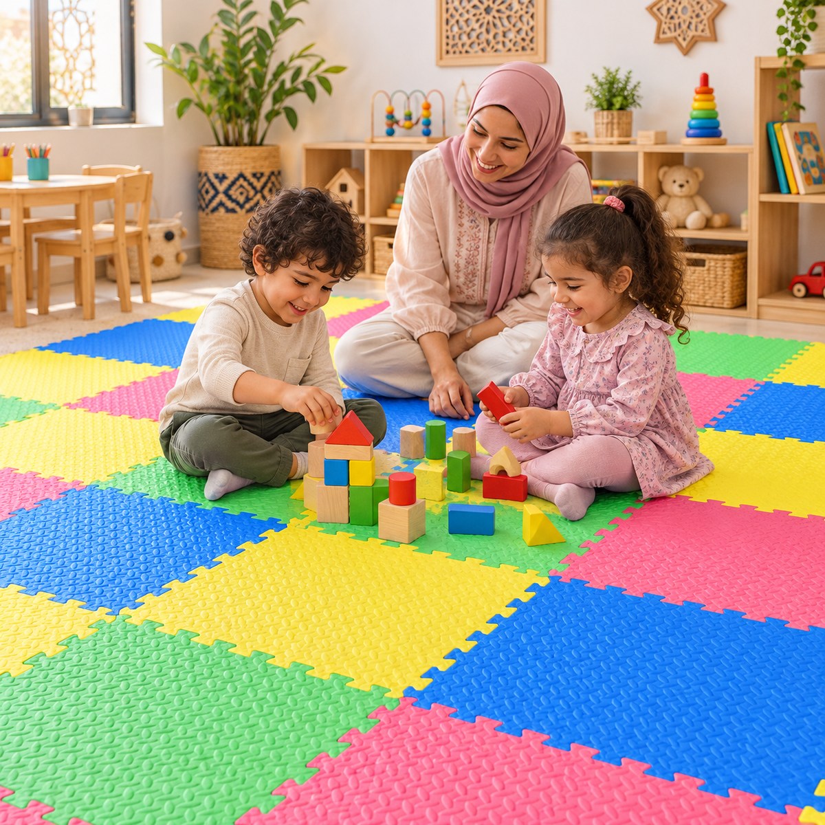 Enfants jouant sur un sol composé de dalles en mousse EVA colorées en crèche