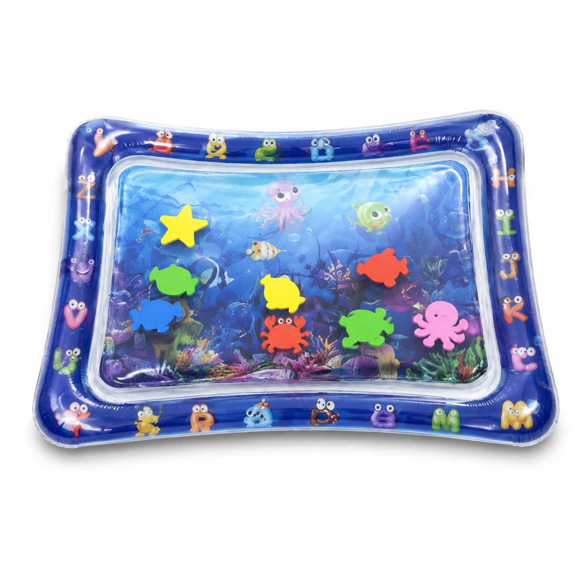 Tapis d'eau gonflable pour bébé 69 x 51 cm — fond océan, animaux flottants et alphabet sur le contour