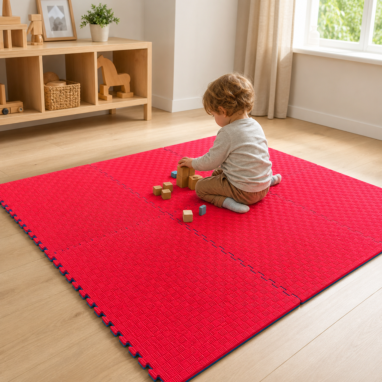 Enfant jouant sur le tapis mousse face rouge