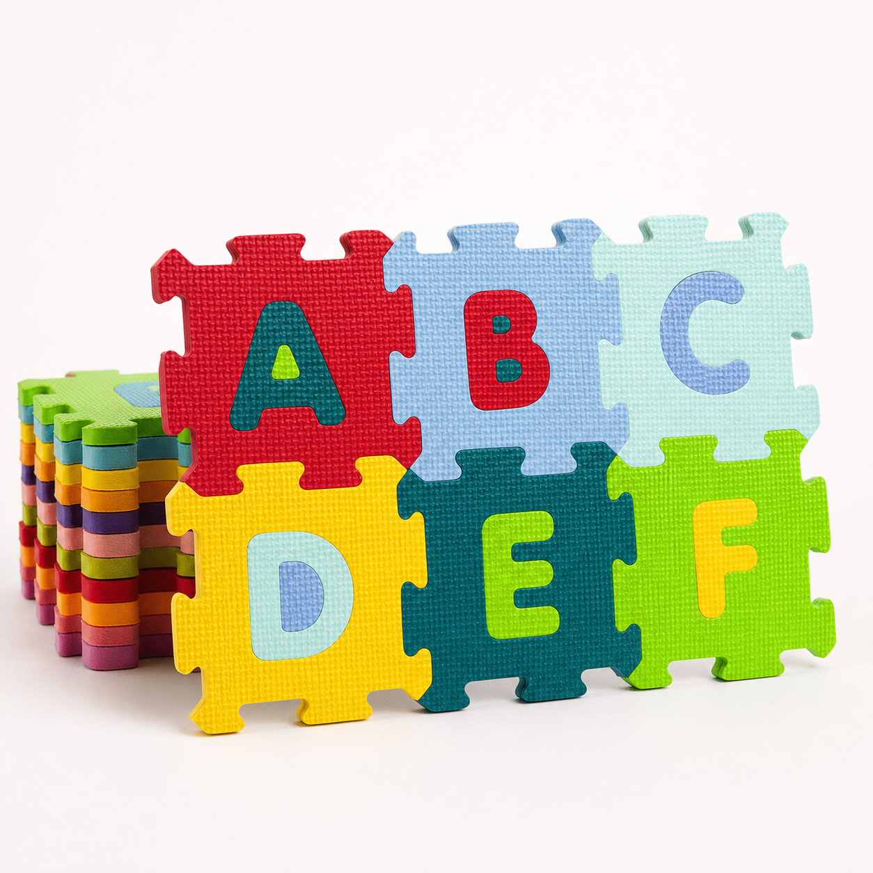Tapis puzzle mini en mousse EVA — 36 dalles alphabet et chiffres, lettres A à F détachables