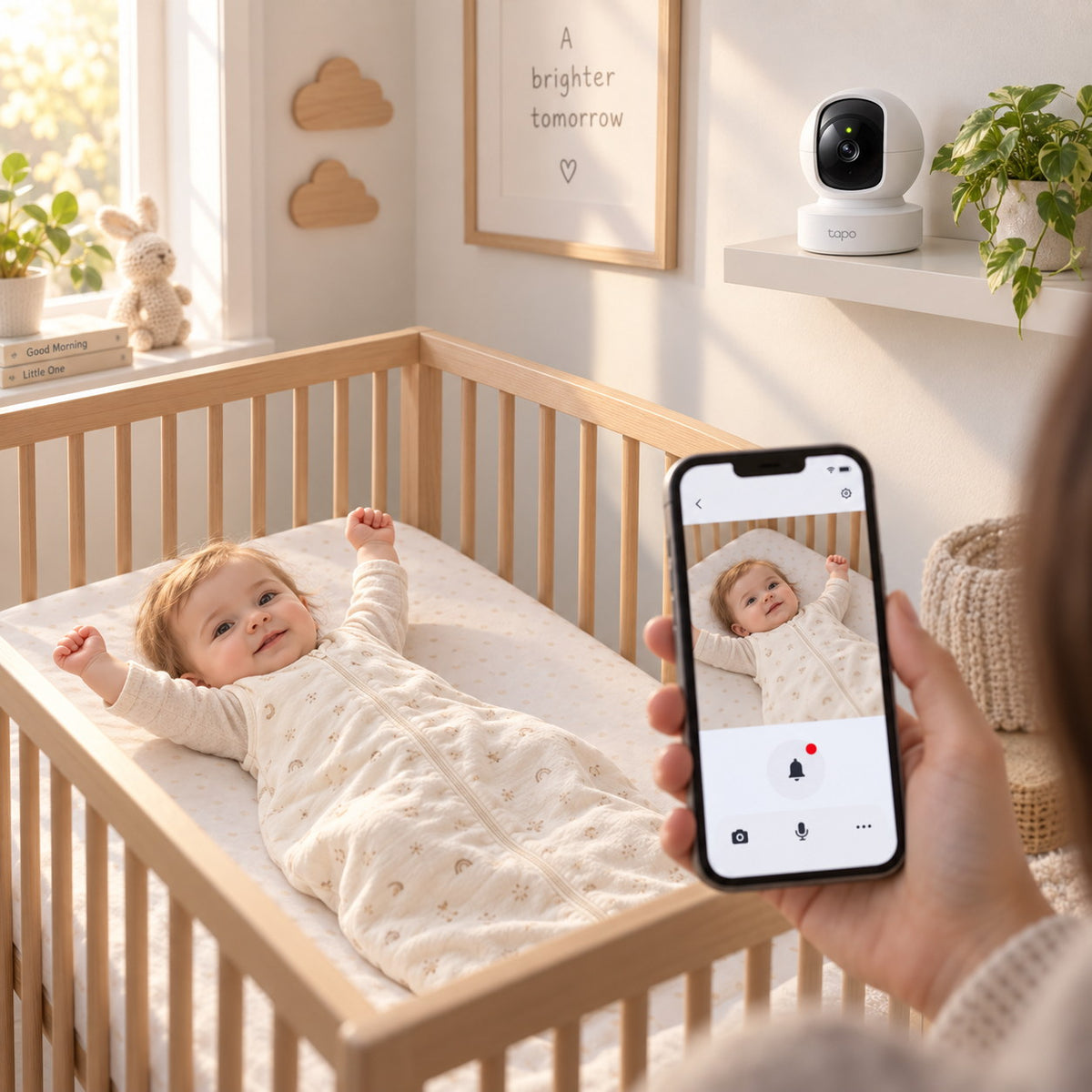 Tapo C212 installée sur une étagère dans une chambre de bébé, vidéo du berceau en direct sur smartphone