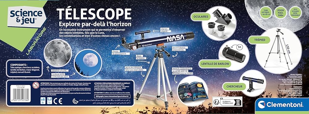 Contenu du coffret télescope Clementoni : oculaires, lentille de Barlow, chercheur et trépied