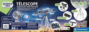 Contenu du coffret télescope Clementoni : oculaires, lentille de Barlow, chercheur et trépied