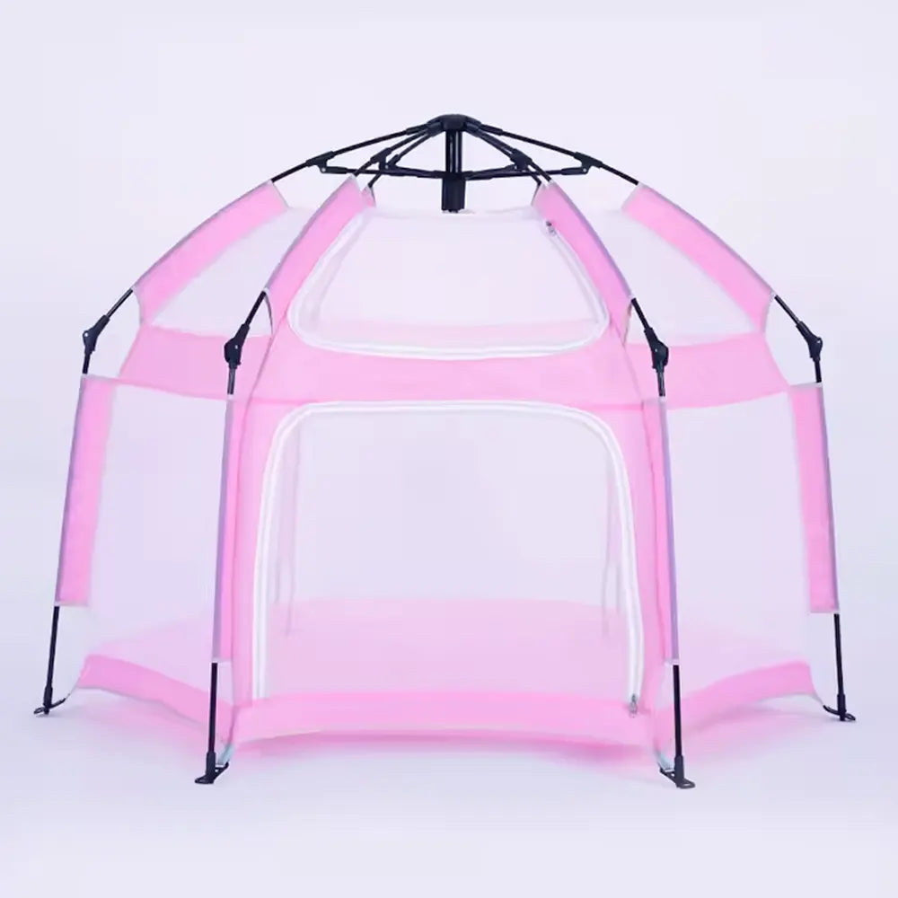 Tente et parc de jeux pop-up hexagonale rose avec parois en filet et porte zippée