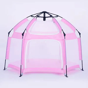 Tente et parc de jeux pop-up hexagonale rose avec parois en filet et porte zippée