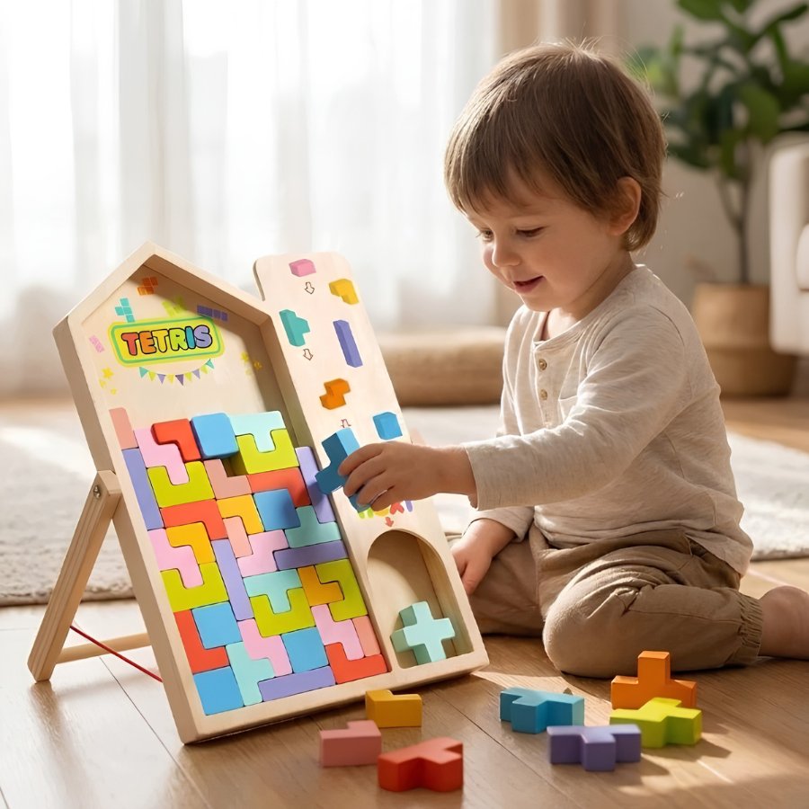 Enfant plaçant une pièce sur le plateau Tetris en bois posé sur son chevalet