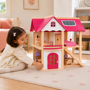 Enfant jouant avec la maison de poupée en bois Pink Doll House, balcon et escalier extérieur