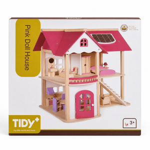 Boîte Pink Doll House TIDY+ : grande maison de poupée en bois 3 niveaux avec mobilier, dès 3 ans