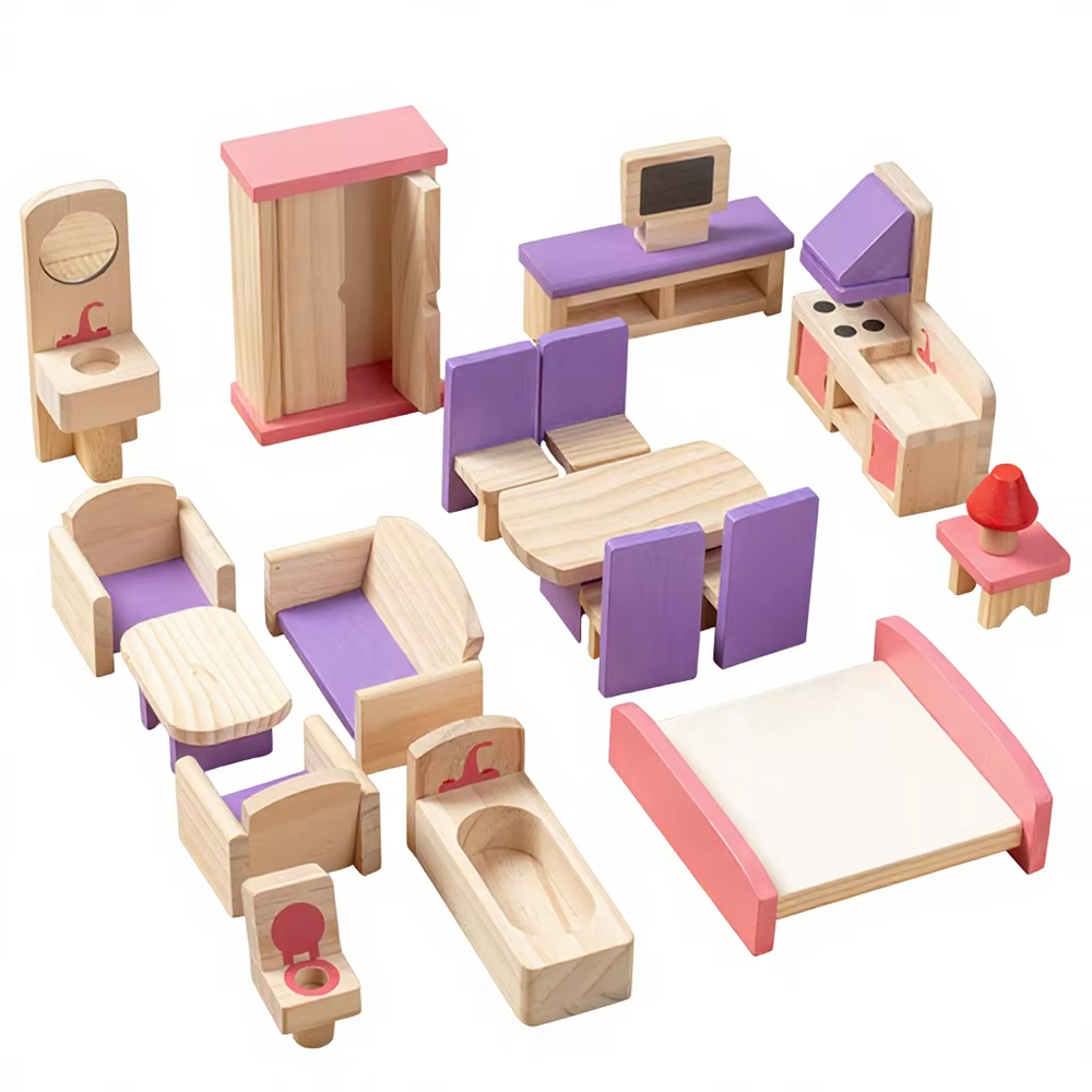 Mobilier en bois inclus : lit, canapé, cuisine, baignoire, WC et télévision miniatures