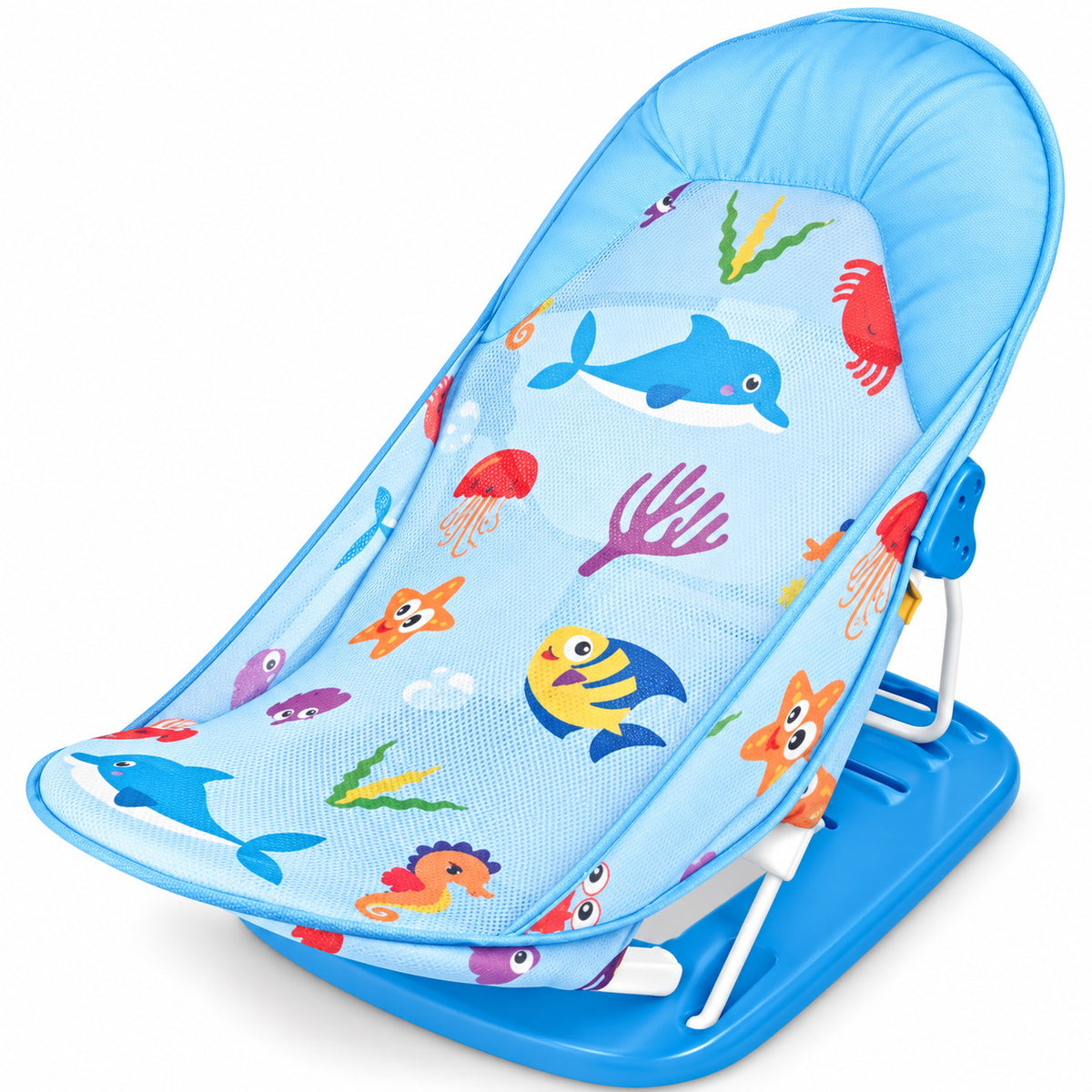 Transat de bain TiiBaby bleu avec filet à motifs marins et dossier inclinable sur base pliante
