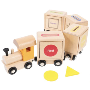 Train en bois Montessori trieur de formes et de couleurs : locomotive, wagons-boîtes à fentes et jetons