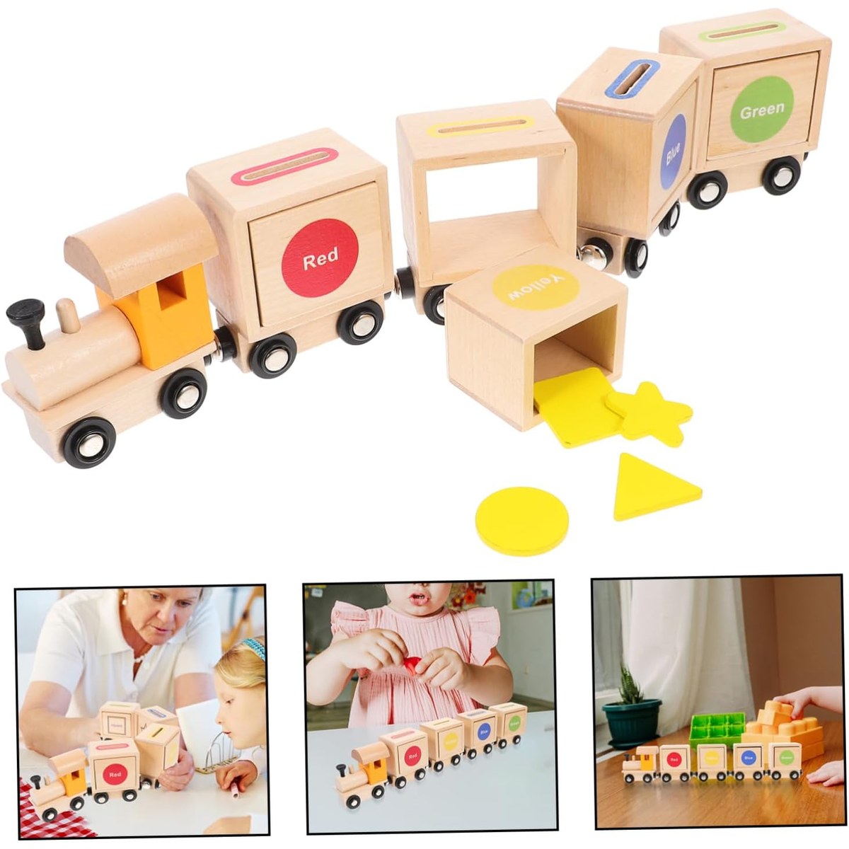 Locomotive et 4 wagons du train en bois Montessori avec jetons de formes et wagon ouvert