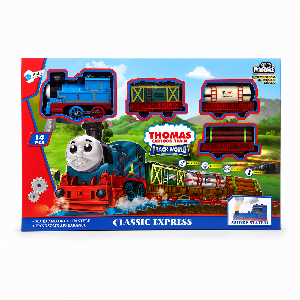 Coffret Train Classic Express 14 pièces : locomotive bleue à fumée, wagon à charbon, wagon-citerne, wagon porte-rondins et rails