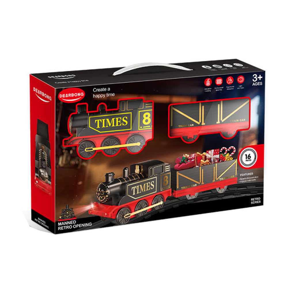 Boîte train électrique rétro 16 pièces : locomotive noir et or, wagon et rails, dès 3 ans