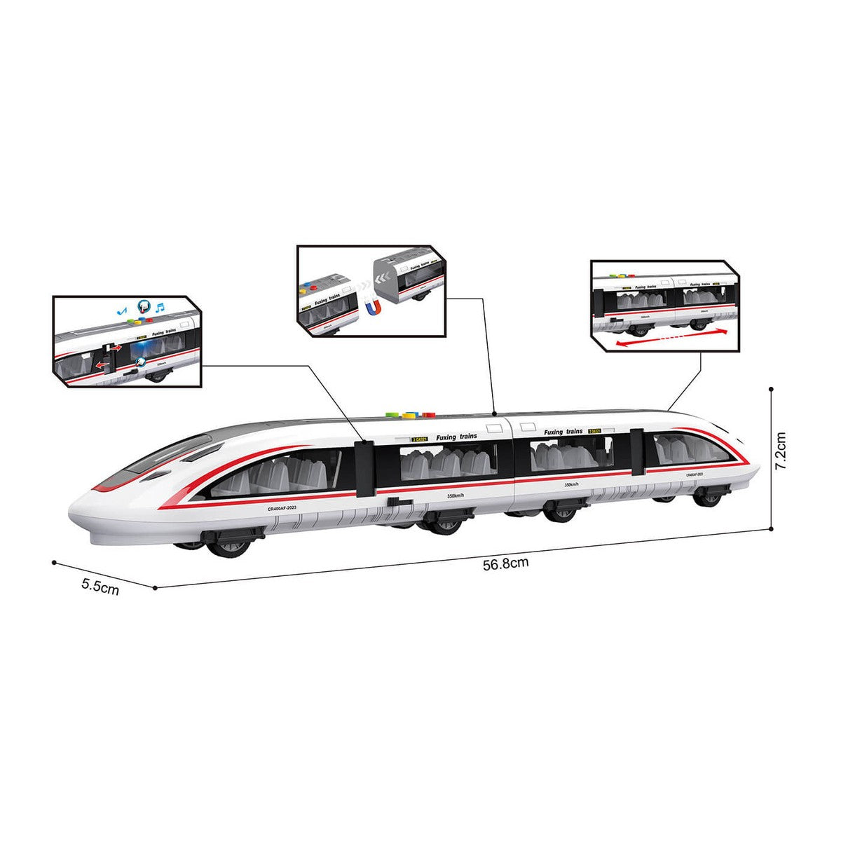 Dimensions du train jouet : 56,8 cm de long, 5,5 cm de large et 7,2 cm de haut