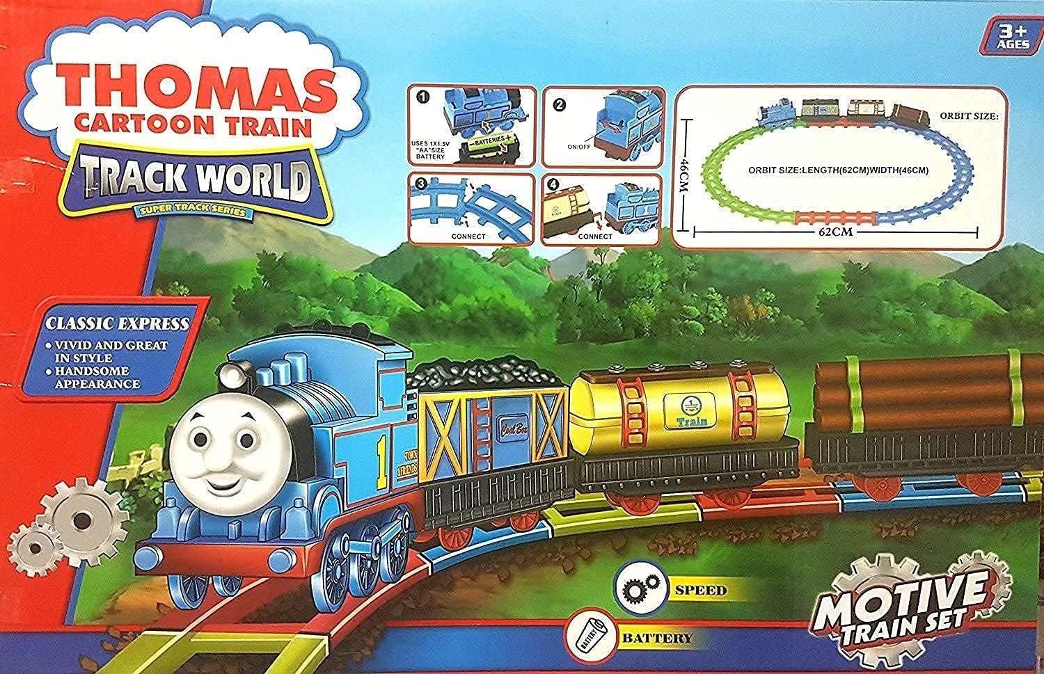 Détail du coffret train Classic Express : locomotive, wagon à charbon, citerne, rondins et circuit ovale 62 x 46 cm