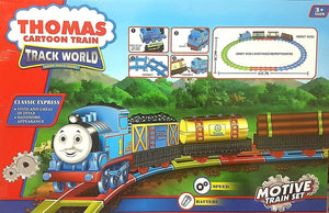 Détail du coffret train Classic Express : locomotive, wagon à charbon, citerne, rondins et circuit ovale 62 x 46 cm