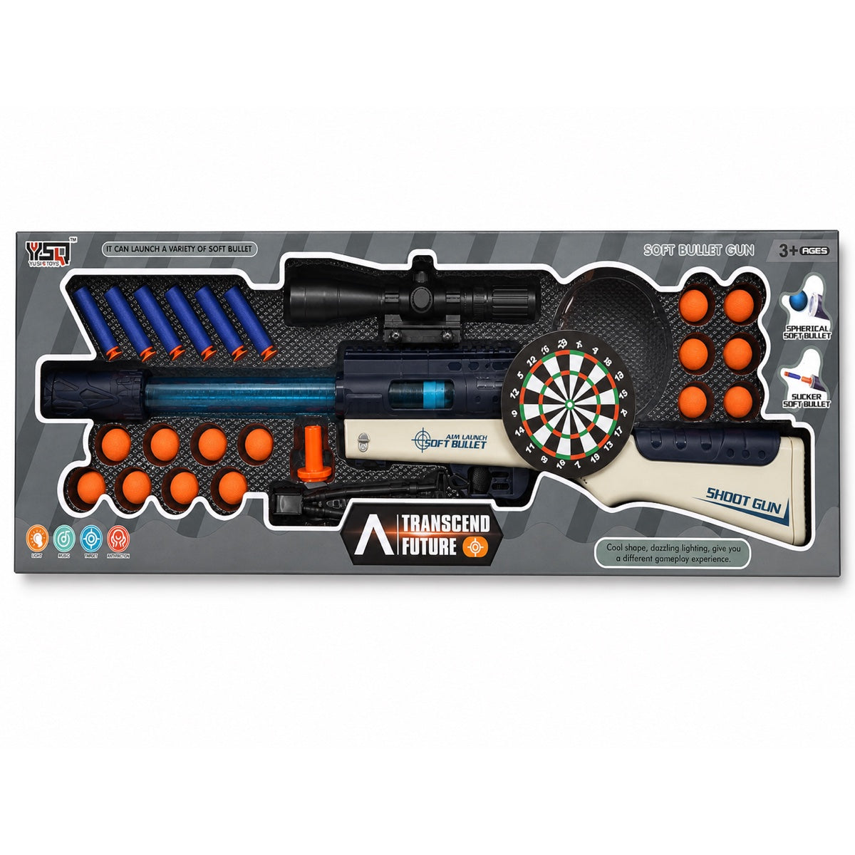 Coffret blaster Transcend Future avec lunette de visée, fléchettes à ventouse, balles en mousse et cible ronde, dès 3 ans