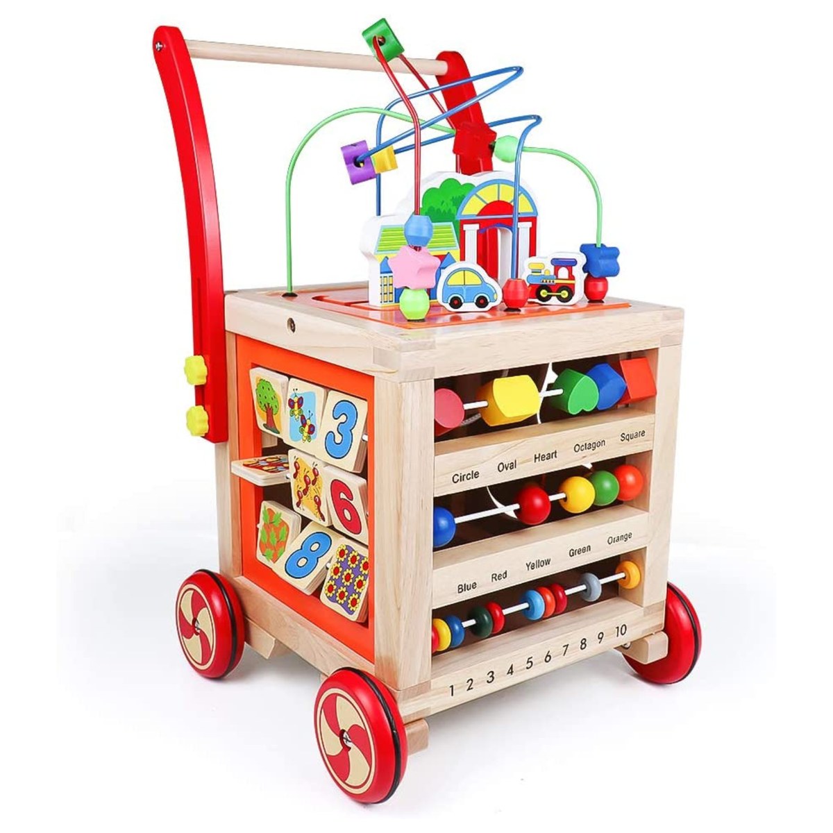 Trotteur cube d'activités en bois : chariot de marche avec labyrinthe de perles, boulier, formes à glisser et cartes à tourner, dès 1 an