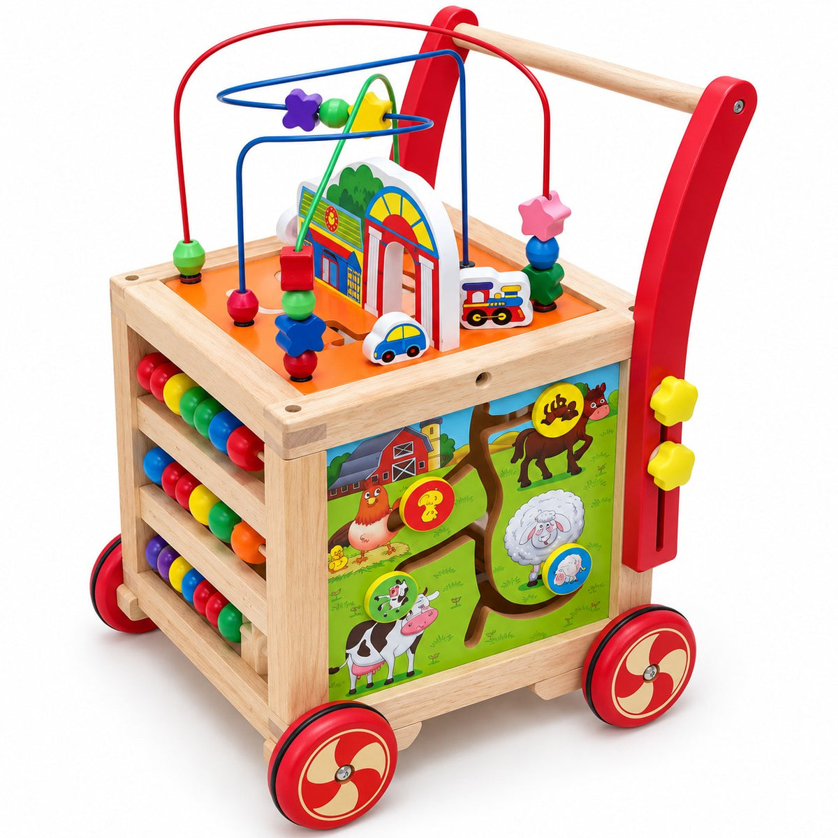 Trotteur cube d'activités en bois vu de trois quarts : labyrinthe de perles, panneau ferme et bouliers latéraux