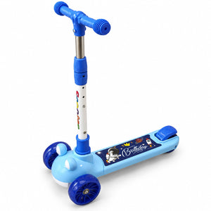 Trottinette 3 roues enfant bleue à plateau astronaute Happy Birthday, roues translucides et guidon télescopique