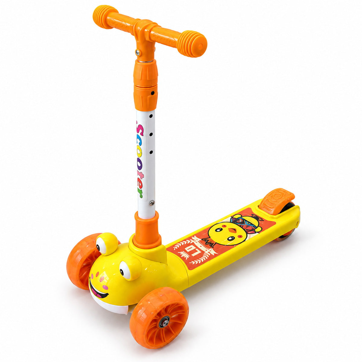 Trottinette 3 roues enfant jaune et orange à tête souriante et plateau poussin, roues translucides oranges