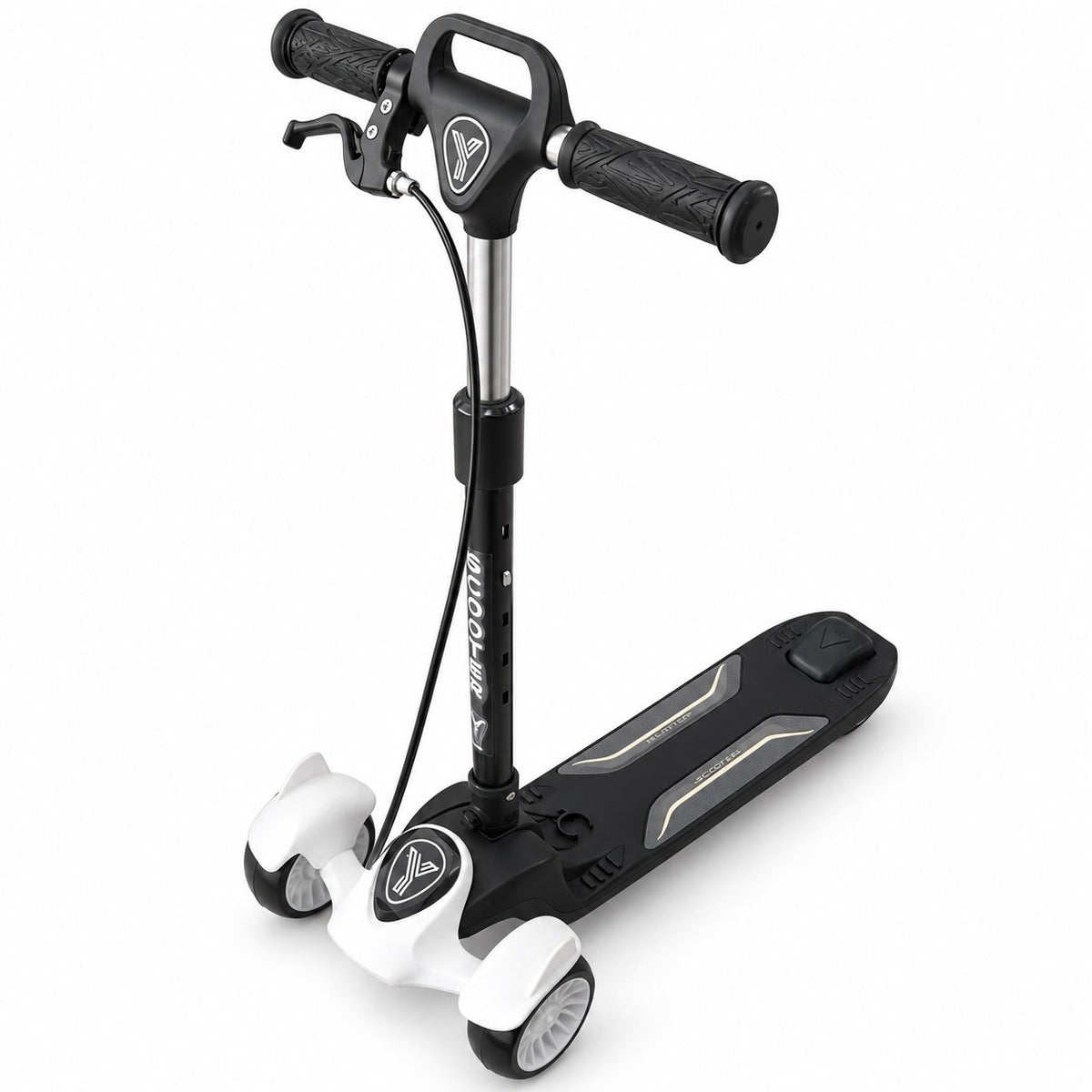 Trottinette enfant 3 roues noir et blanc avec levier de frein à main au guidon, plateau antidérapant et frein arrière au pied