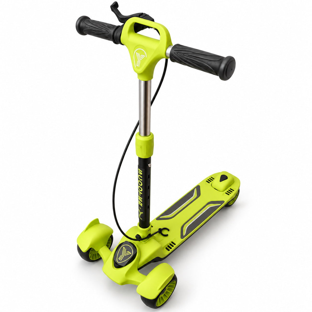 Trottinette enfant 3 roues vert lime et noir avec frein à main au guidon, tige télescopique à 4 hauteurs et plateau antidérapant