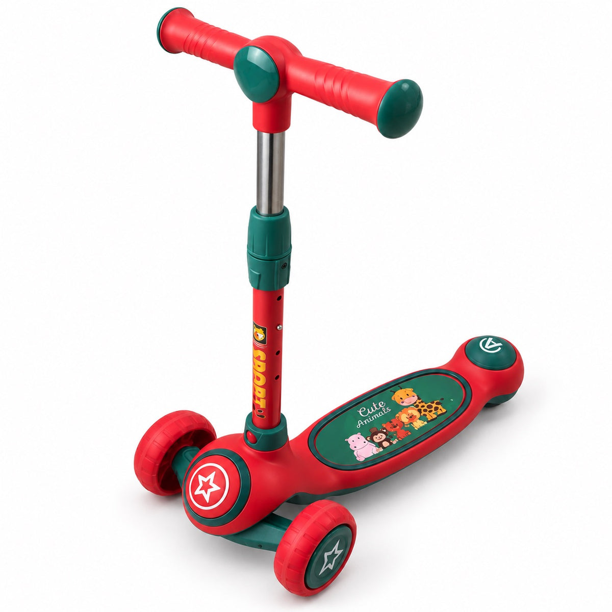 Trottinette enfant 3 roues rouge et vert avec plateau décor Cute Animals, guidon réglable et frein arrière