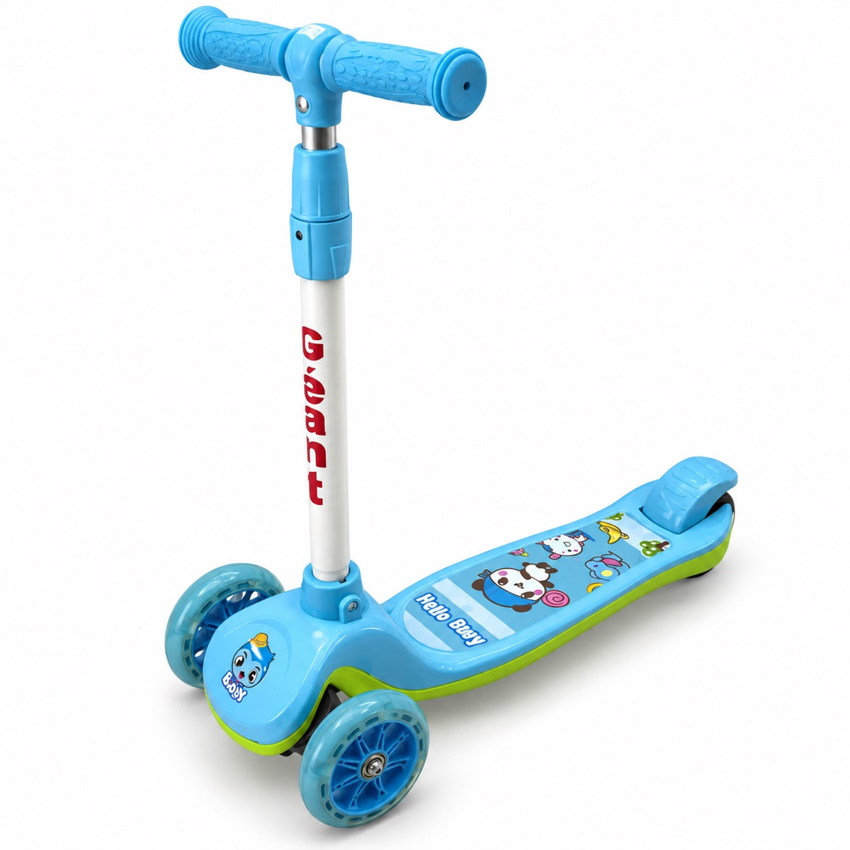 Trottinette enfant 3 roues bleu et vert, roues translucides, guidon réglable et frein arrière