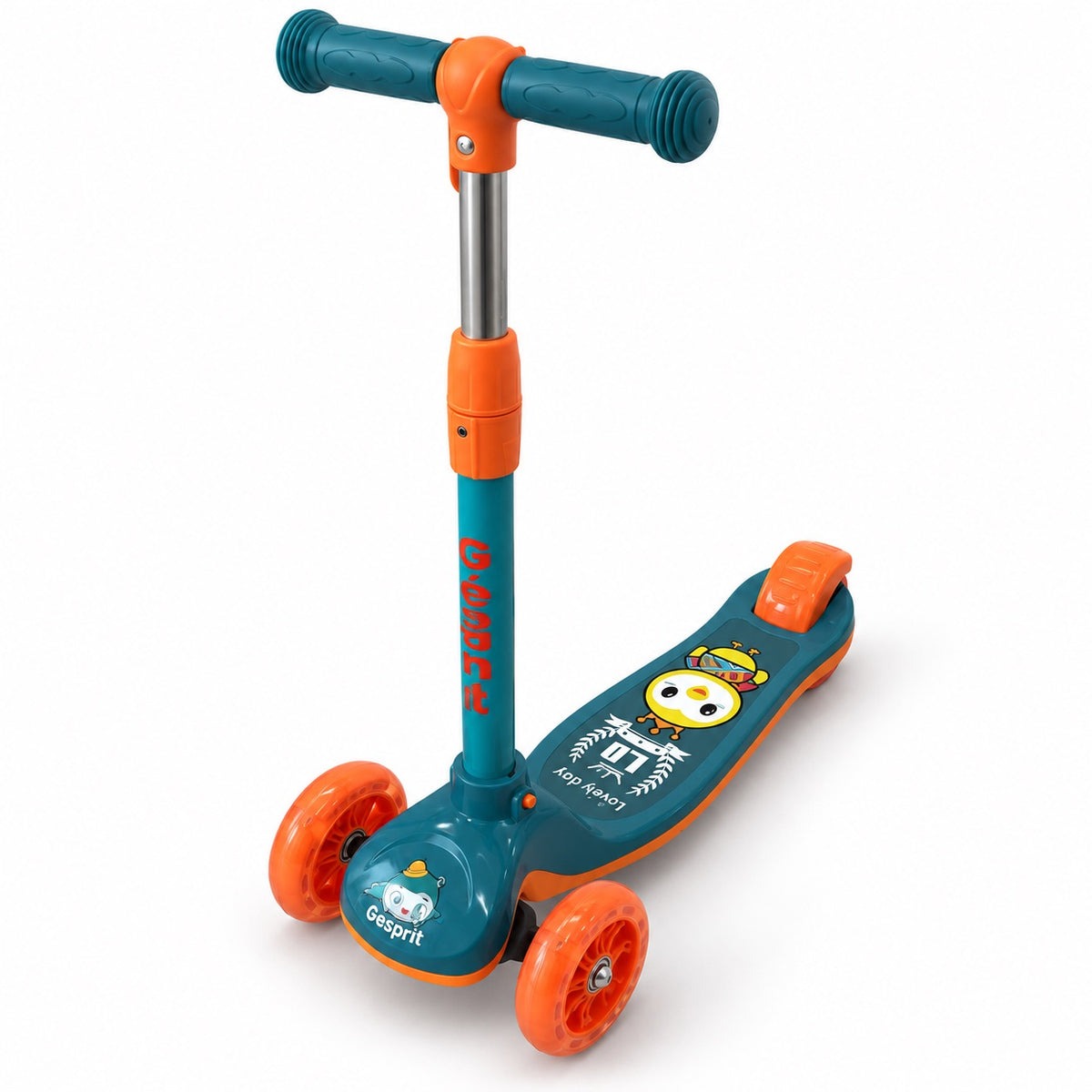 Trottinette enfant 3 roues turquoise et orange, roues translucides, guidon réglable et frein arrière