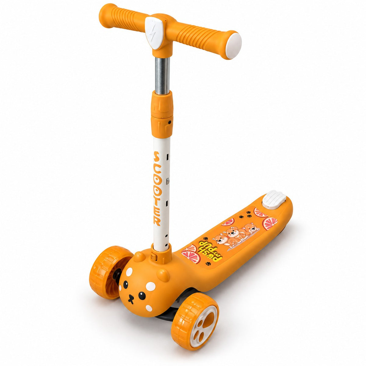 Trottinette enfant 3 roues orange à tête de chiot, guidon télescopique réglable et plateau antidérapant illustré