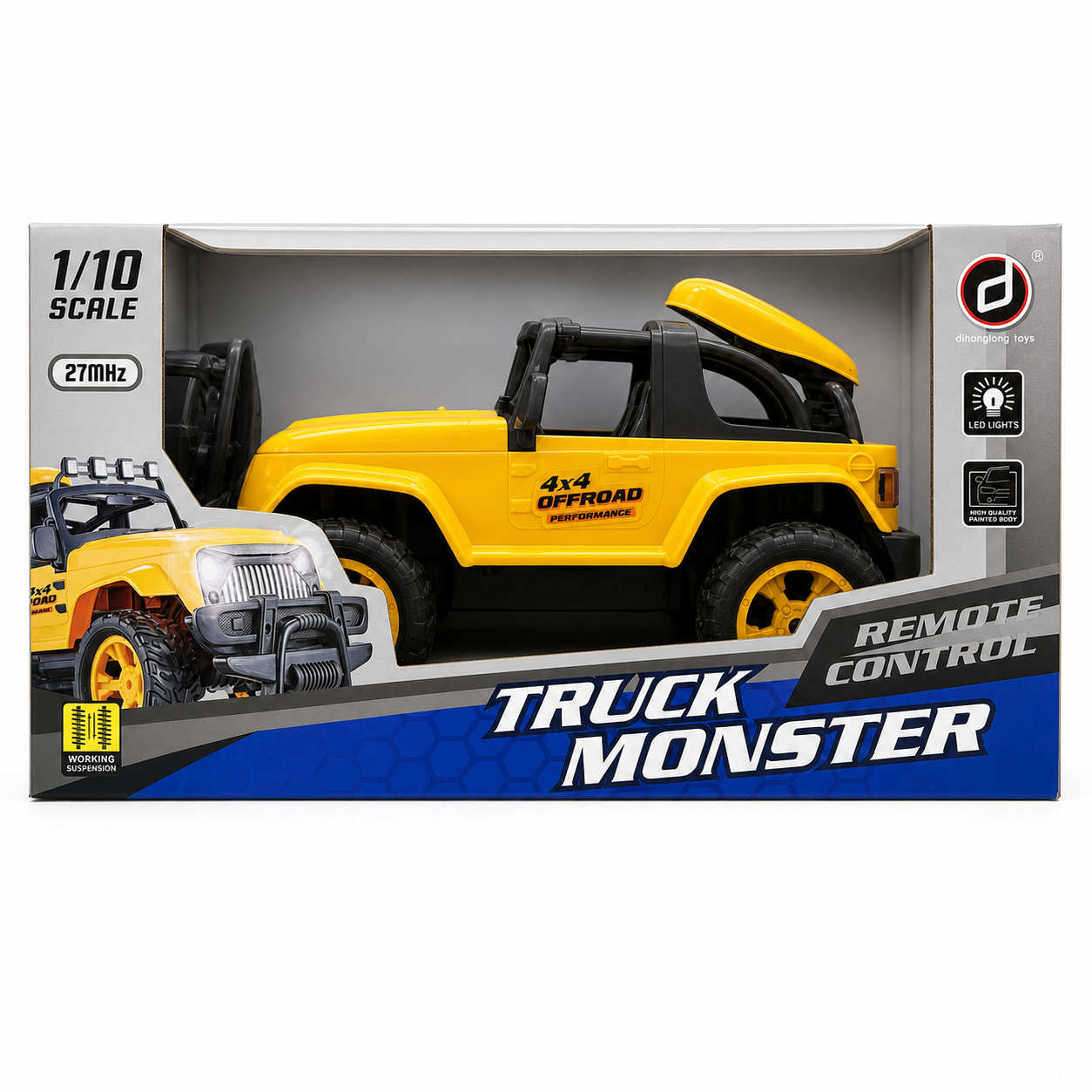 Boîte Truck Monster : 4x4 tout-terrain radiocommandé jaune échelle 1/10 avec suspensions et phares LED