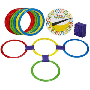 Contenu du jeu Twister Hopscotch : cerceaux colorés, connecteurs violets et roue spinner