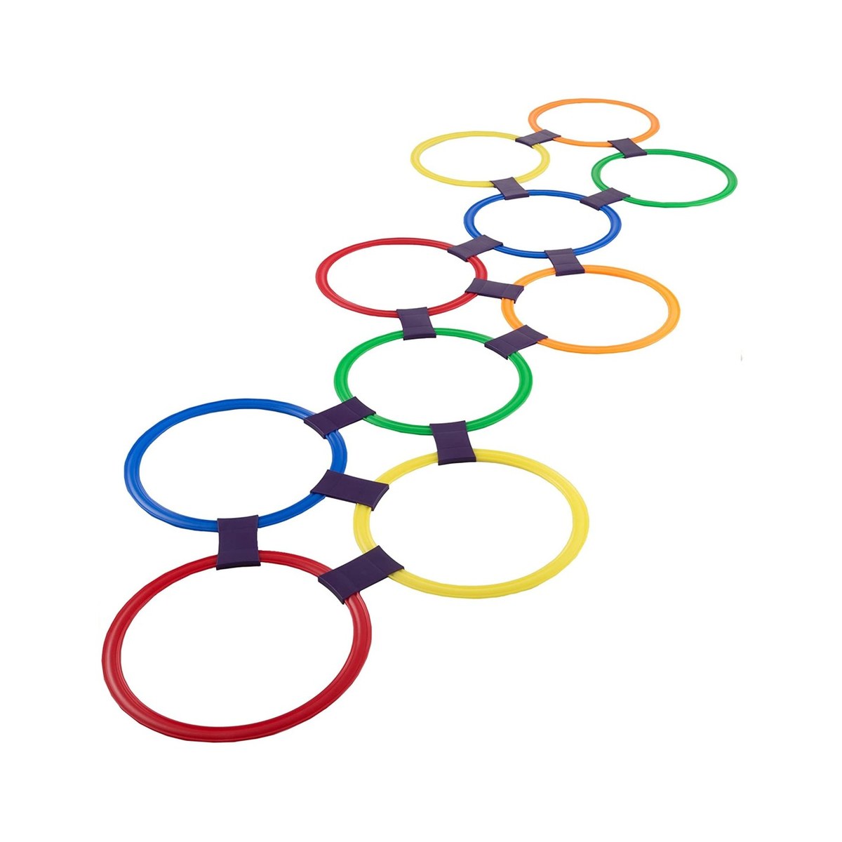 Parcours de marelle Twister Hopscotch monté avec cerceaux rouges, bleus, verts et jaunes