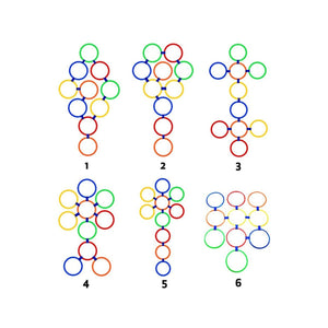 Six parcours différents à composer avec les cerceaux Twister Hopscotch