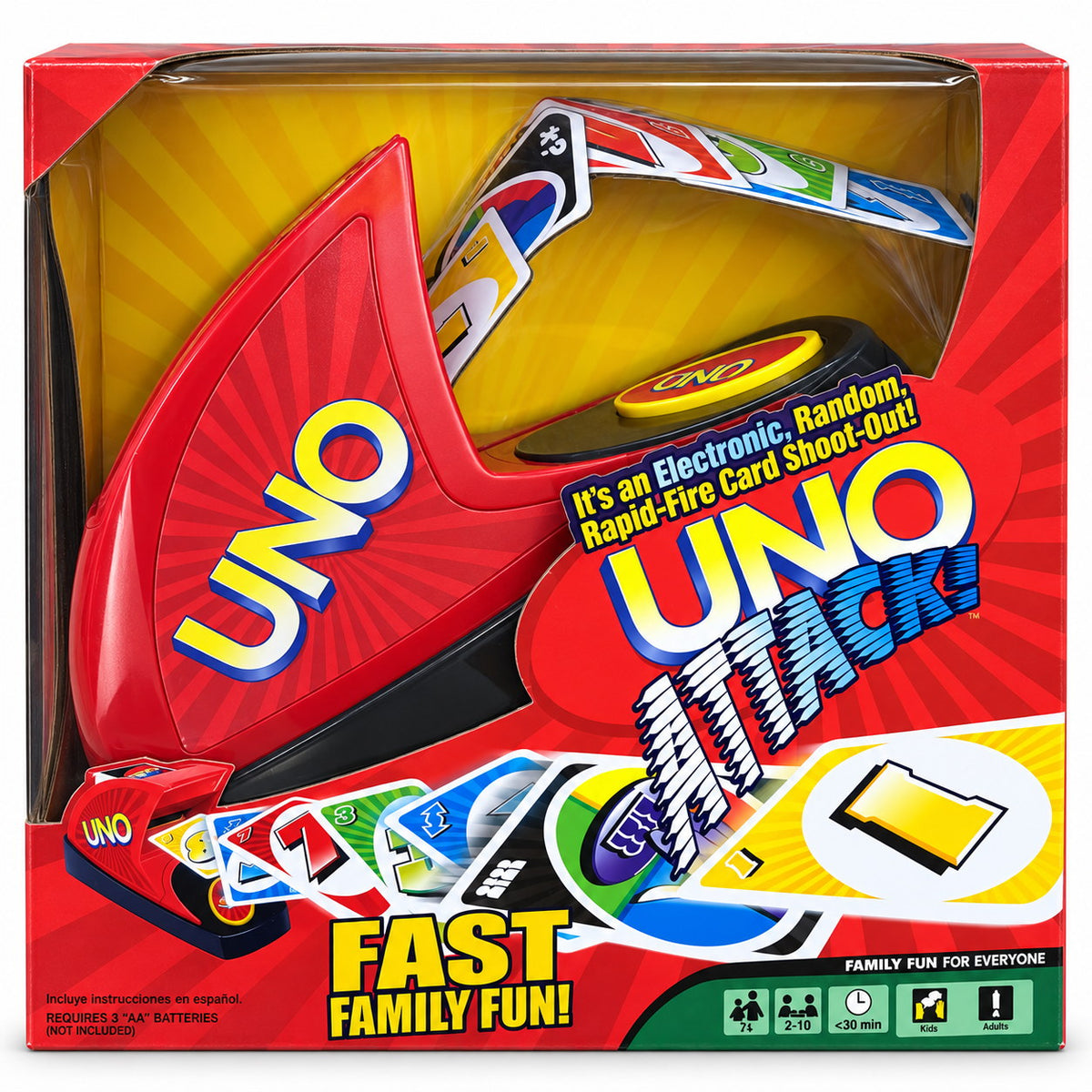 Boîte du jeu UNO Attack avec son lanceur de cartes électronique, 2 à 10 joueurs, dès 7 ans