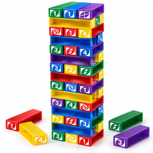 Tour UNO Stacko montée avec blocs colorés numérotés et symboles UNO