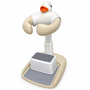 Support de douche bébé en forme de canard : arceau de maintien rembourré, montant télescopique, assise et base antidérapante