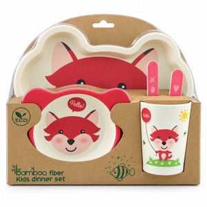 Set vaisselle bébé bambou 5 pièces motif renard dans son emballage carton éco