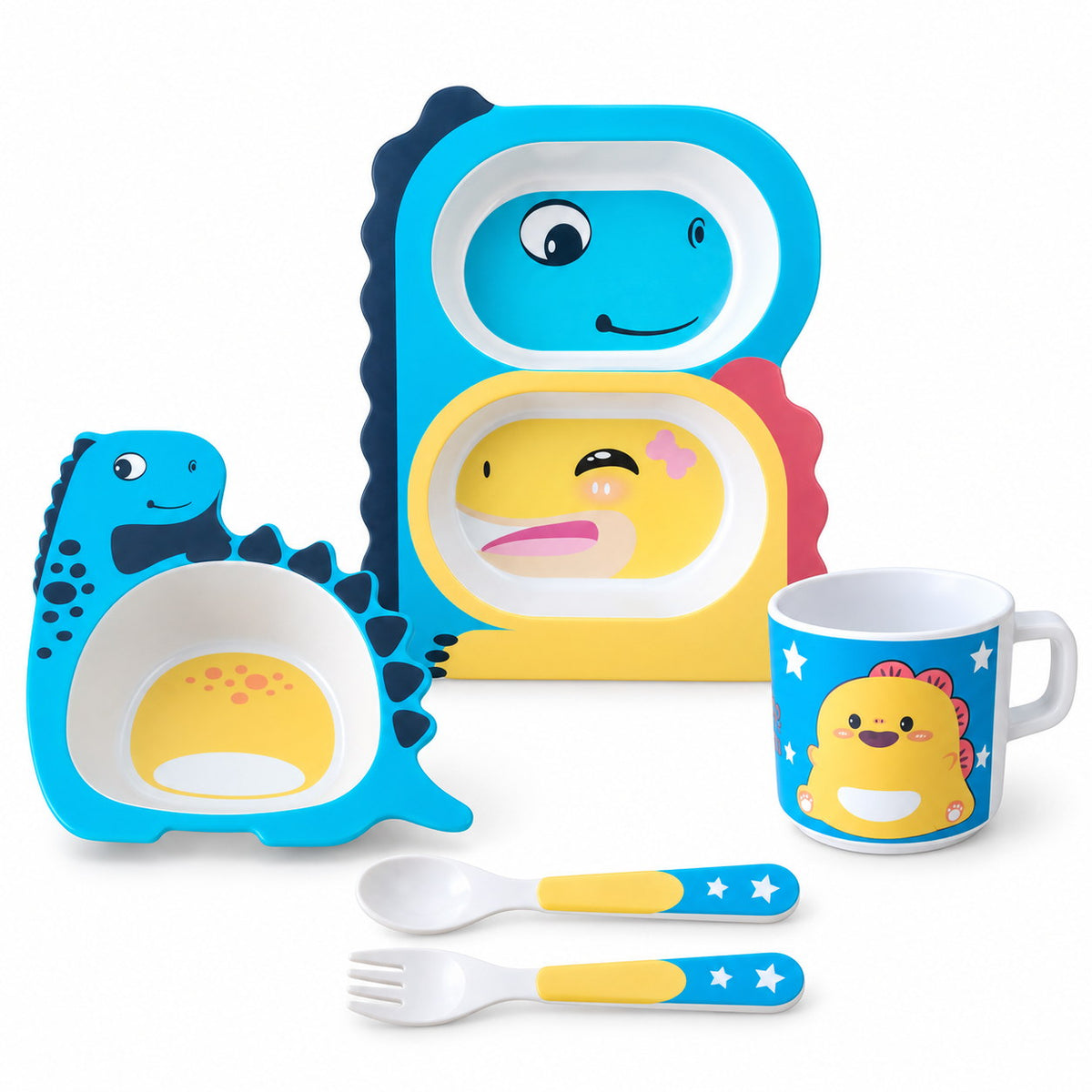 Set vaisselle enfant 5 pièces motif dinosaure : assiette compartimentée, bol, tasse, cuillère et fourchette