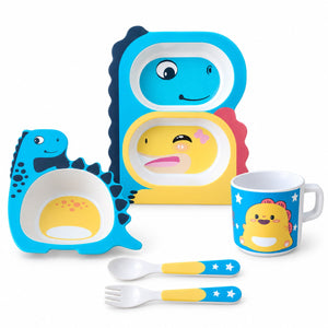 Set vaisselle enfant 5 pièces motif dinosaure : assiette compartimentée, bol, tasse, cuillère et fourchette